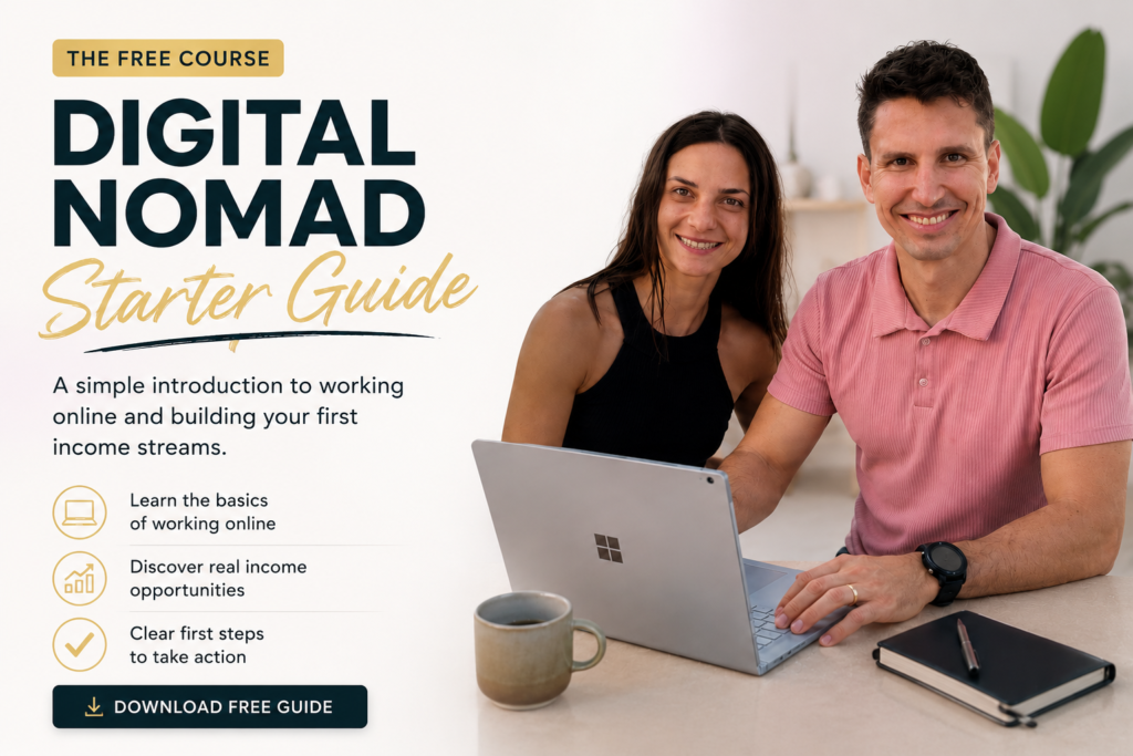 Digital Nomad Starter Guide cover, a beginner's guide on how to become a digital nomad